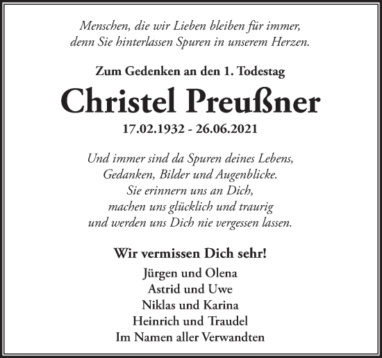 Traueranzeige von Christel Preußner von Märkische Oderzeitung