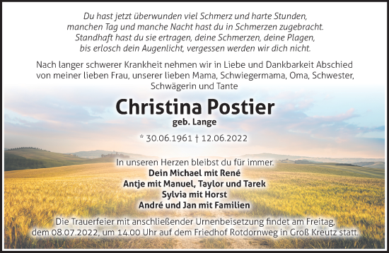 Traueranzeige von Christina Postier von Märkische Oderzeitung