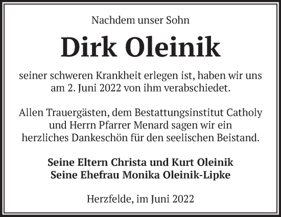 Traueranzeige von Dirk Oleinik von Märkische Oderzeitung