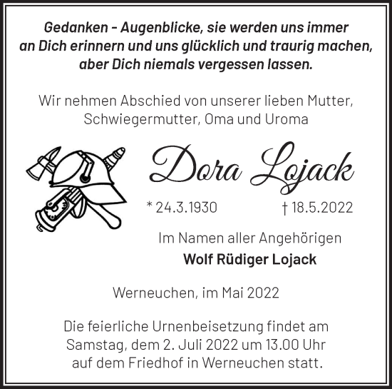 Traueranzeige von Dora Lojack von Märkische Oderzeitung