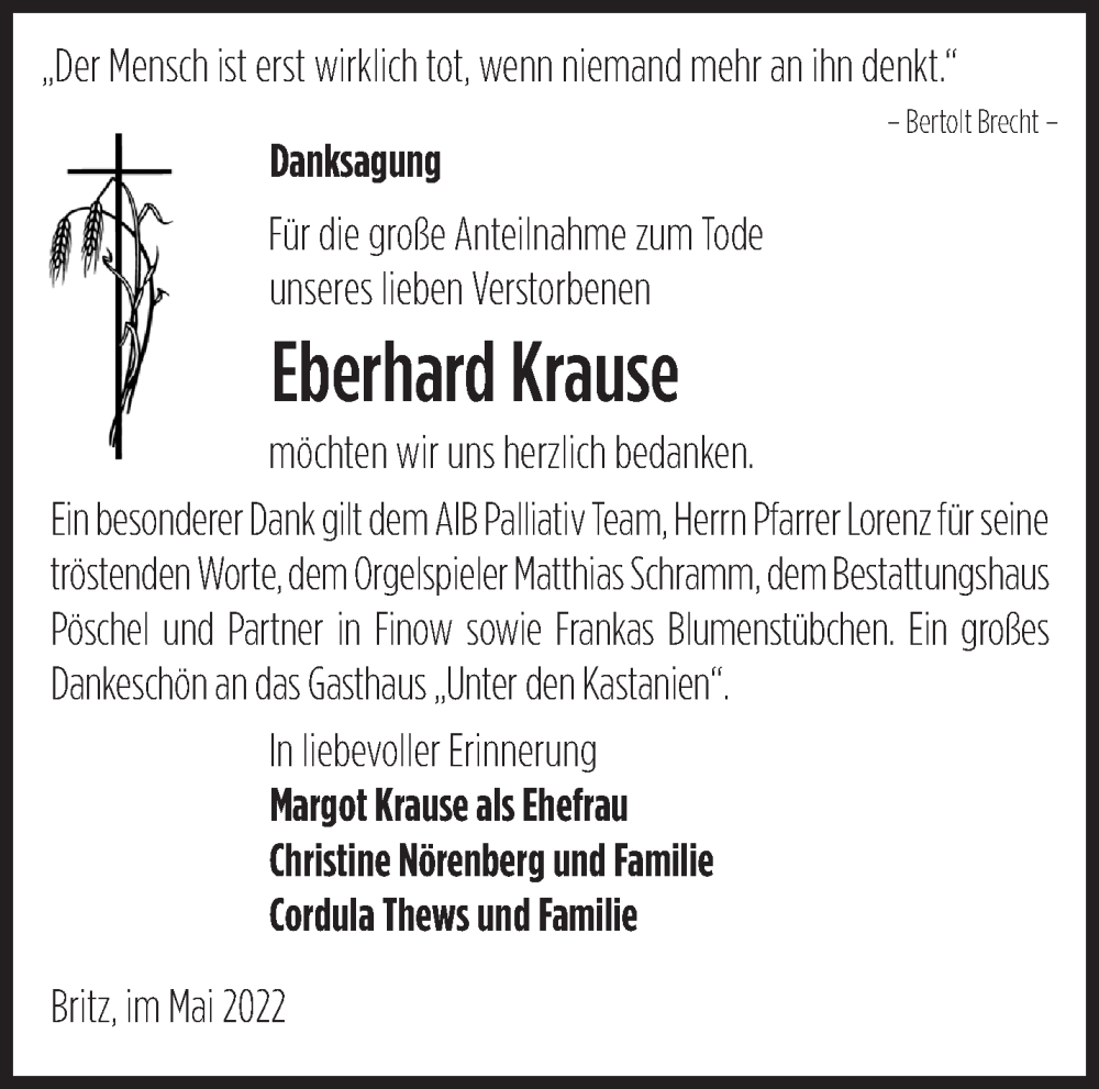  Traueranzeige für Eberhard Krause vom 05.06.2022 aus Märkische Oderzeitung
