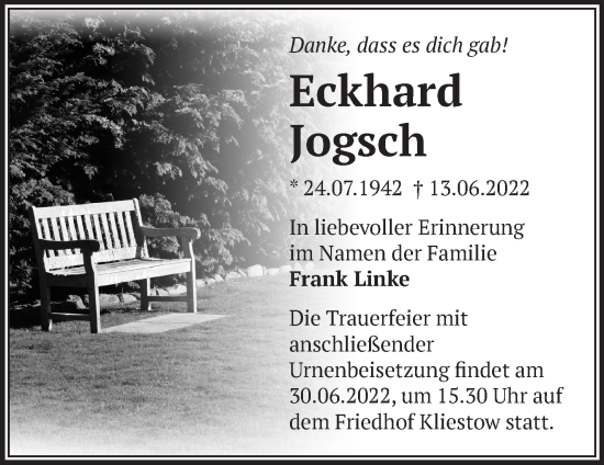 Traueranzeige von Eckhard Jogsch von Märkische Oderzeitung