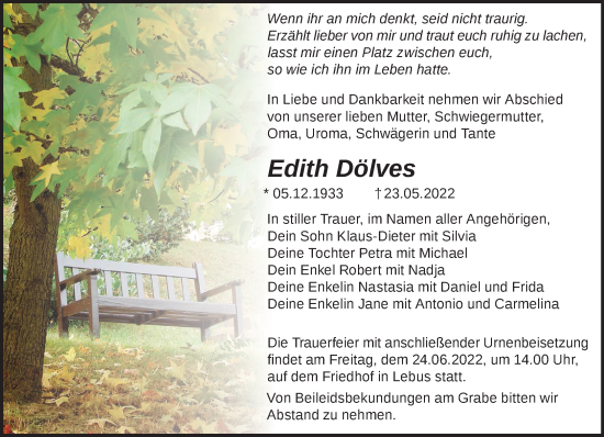 Traueranzeige von Edith Dölves von Märkische Oderzeitung