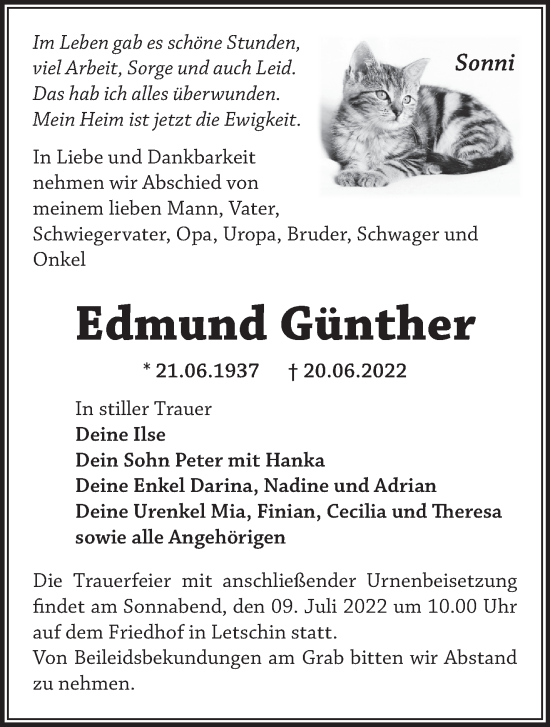 Traueranzeige von Edmund Günther von Märkische Oderzeitung