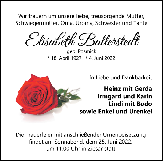 Traueranzeige von Elisabeth Ballerstedt von Märkische Oderzeitung