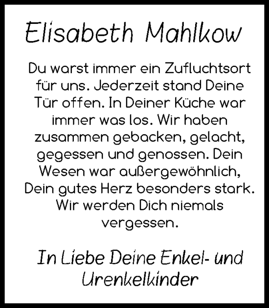 Traueranzeige von Elisabeth Mahlkow von Märkische Oderzeitung