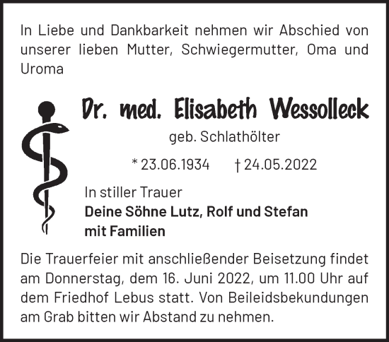 Traueranzeige von Elisabeth Wessolleck von Märkische Oderzeitung