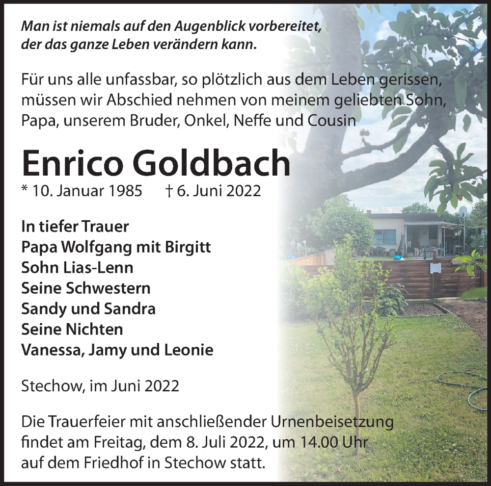  Traueranzeige für Enrico Goldbach vom 26.06.2022 aus Märkische Oderzeitung