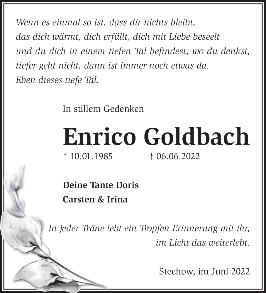  Traueranzeige für Enrico Goldbach vom 26.06.2022 aus Märkische Oderzeitung