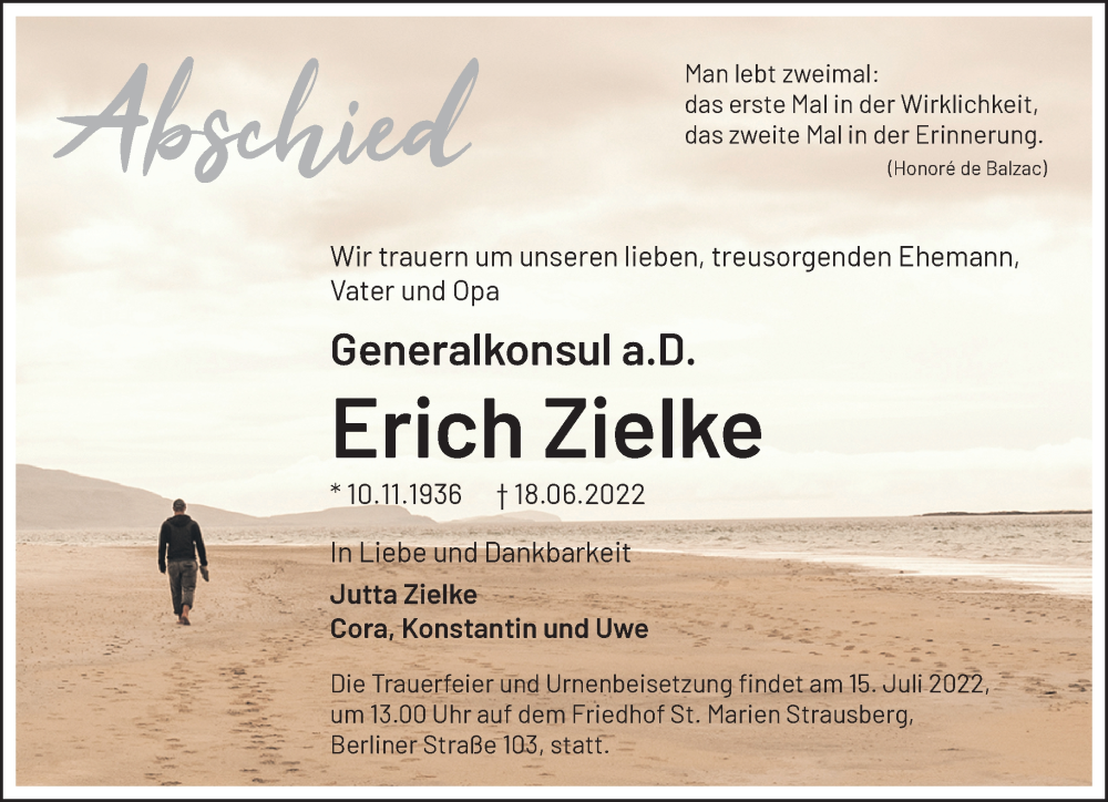  Traueranzeige für Erich Zielke vom 25.06.2022 aus Märkische Oderzeitung