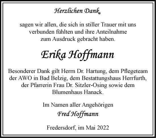 Traueranzeige von Erika Hoffmann von Märkische Oderzeitung