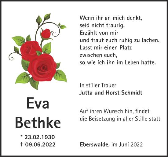 Traueranzeige von Eva Bethke von Märkische Oderzeitung