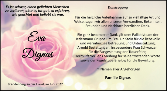 Traueranzeige von Eva Dignas von Märkische Oderzeitung