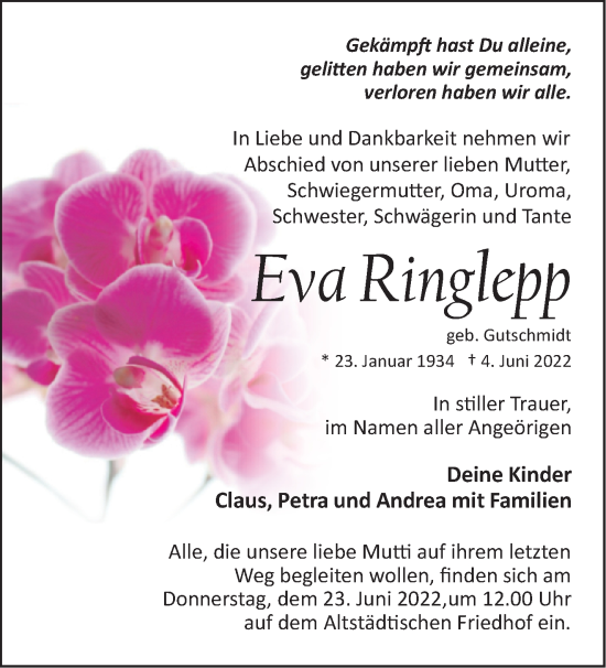 Traueranzeige von Eva Ringlepp von Märkische Oderzeitung