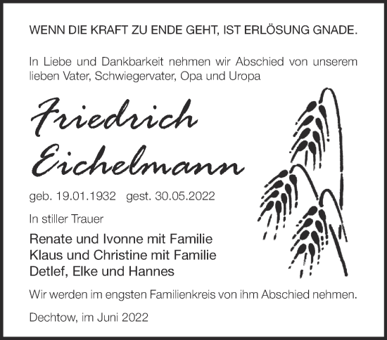 Traueranzeige von Friedrich Eichelmann von Märkische Oderzeitung