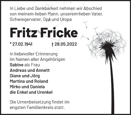 Traueranzeige von Fritz Fricke von Märkische Oderzeitung