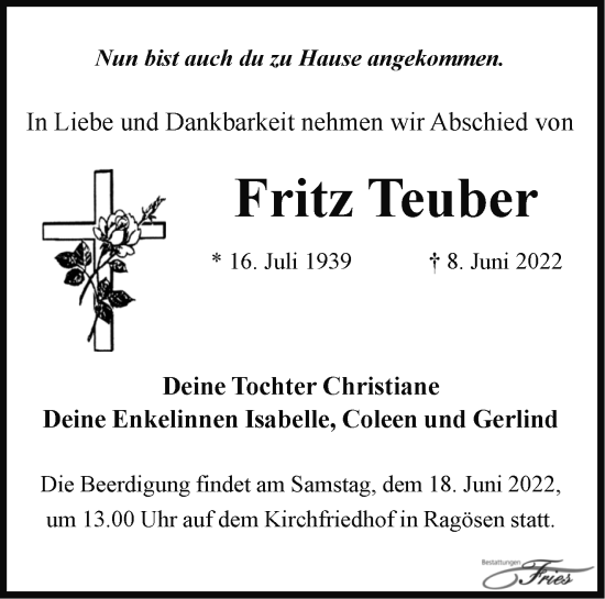 Traueranzeige von Fritz Teuber von Märkische Oderzeitung