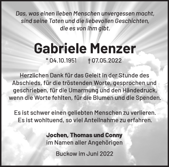 Traueranzeige von Gabriele Menzer von Märkische Oderzeitung