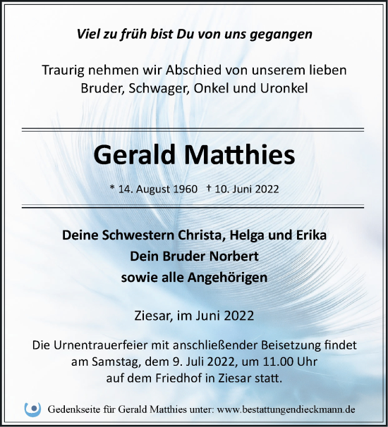 Traueranzeige von Gerald Matthies von Märkische Oderzeitung