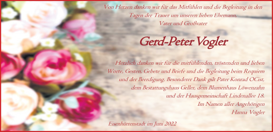 Traueranzeige von Gerd-Peter Vogler von Märkische Oderzeitung