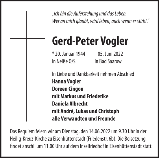 Traueranzeige von Gerd-Peter Vogler von Märkische Oderzeitung