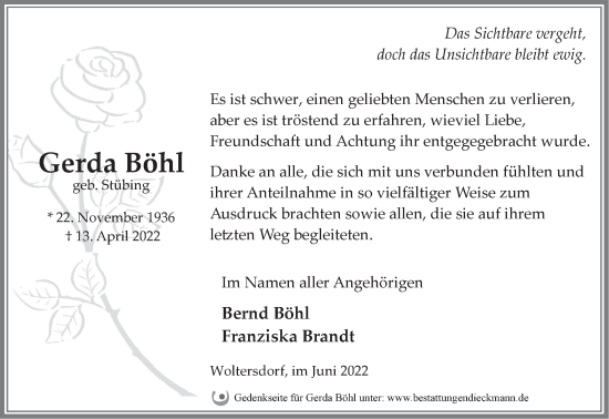 Traueranzeige von Gerda Böhl von Märkische Oderzeitung