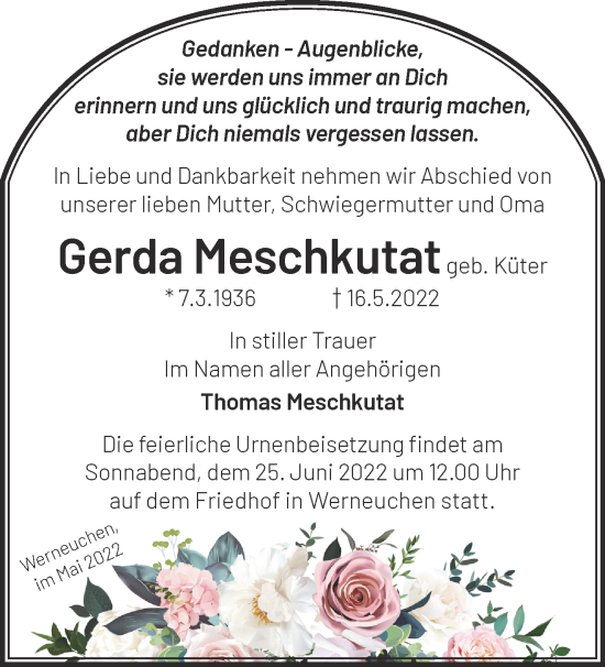 Traueranzeige von Gerda Meschkutat von Märkische Oderzeitung