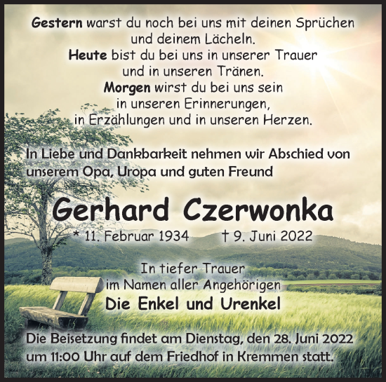 Traueranzeige von Gerhard Czerwonka von Märkische Oderzeitung