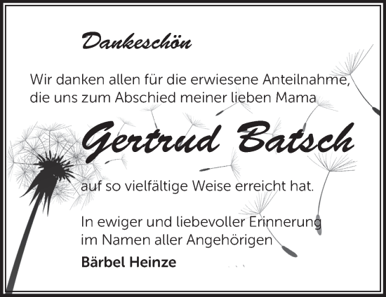 Traueranzeige von Gertrud Batsch von Märkische Oderzeitung