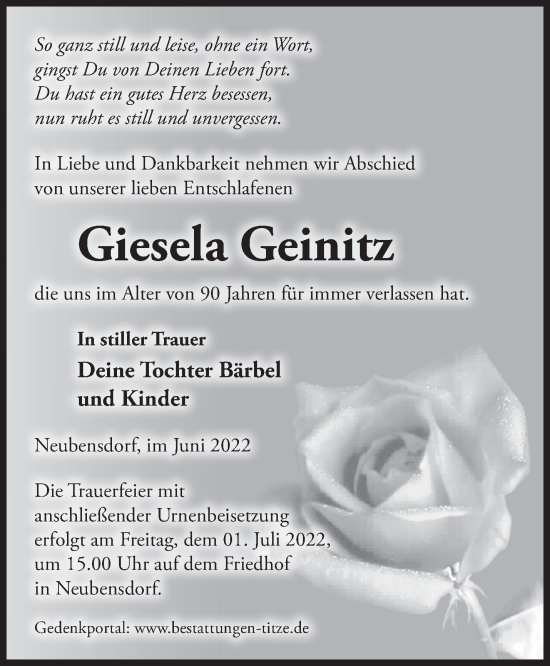 Traueranzeige von Giesela Geinitz von Märkische Oderzeitung