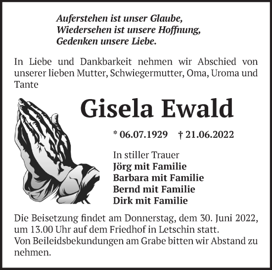 Anzeige Gisela Ewald
