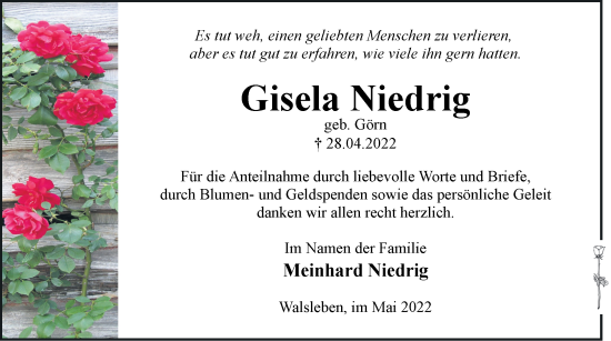 Traueranzeige von Gisela Niedrig von Märkische Oderzeitung