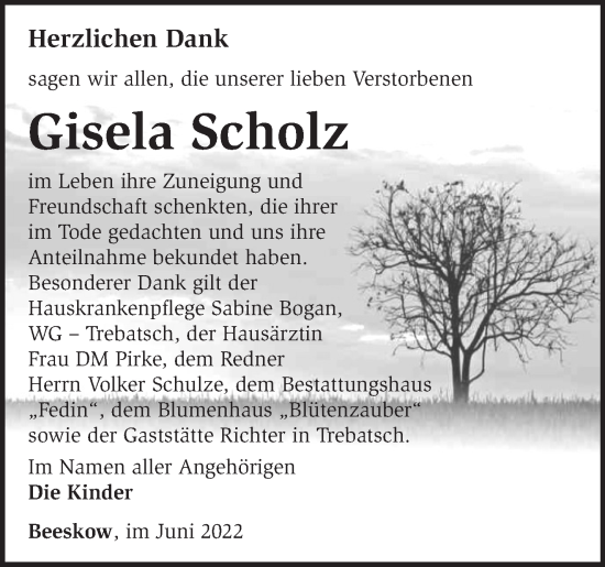 Traueranzeige von Gisela Scholz von Märkische Oderzeitung