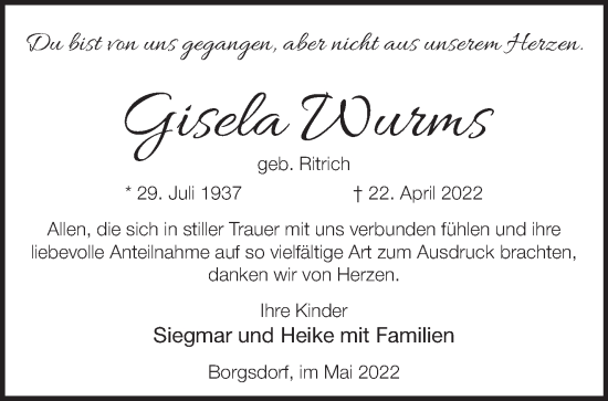 Traueranzeige von Gisela Wurms von Märkische Oderzeitung