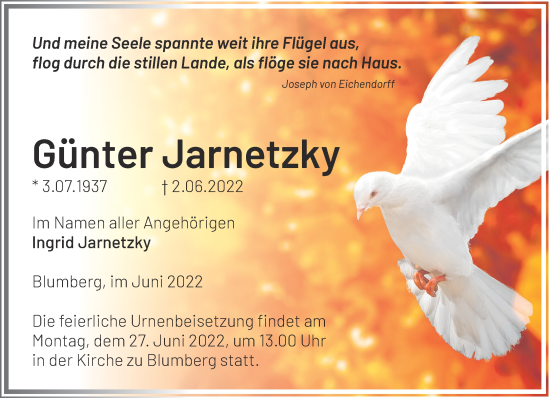 Traueranzeige von Günter Jarnetzky von Märkische Oderzeitung