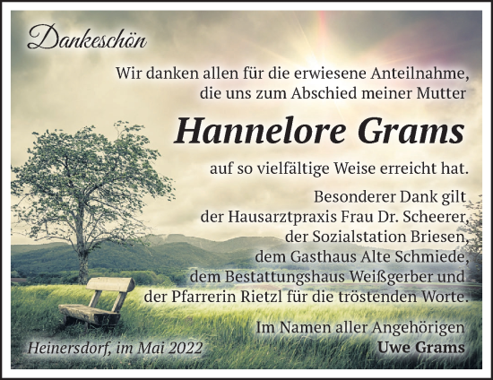 Traueranzeige von Hannelore Grams von Märkische Oderzeitung