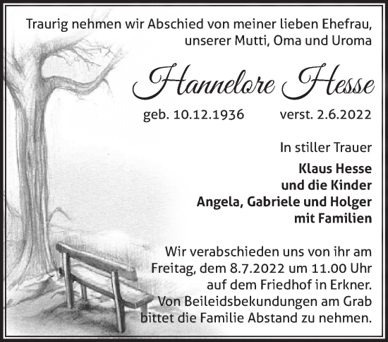 Traueranzeige von Hannelore Hesse von Märkische Oderzeitung