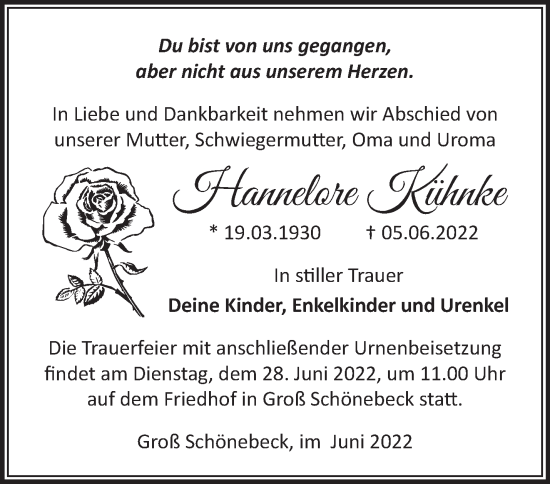 Traueranzeige von Hannelore Kühnke von Märkische Oderzeitung