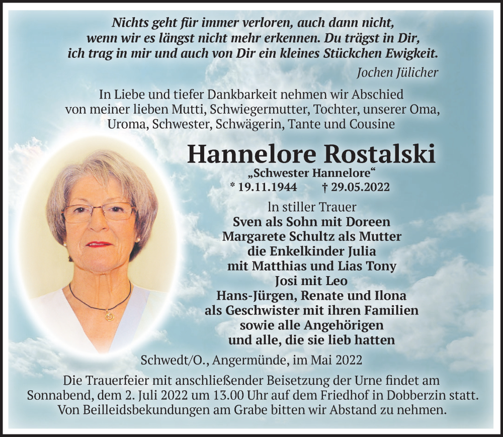 Traueranzeigen Von Hannelore Rostalski Märkische Onlinezeitung Trauerportal