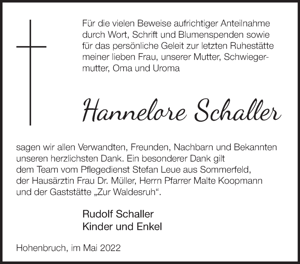  Traueranzeige für Hannelore Schaller vom 04.06.2022 aus Märkische Oderzeitung
