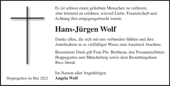 Traueranzeige von Hans-Jürgen Wolf von Märkische Oderzeitung