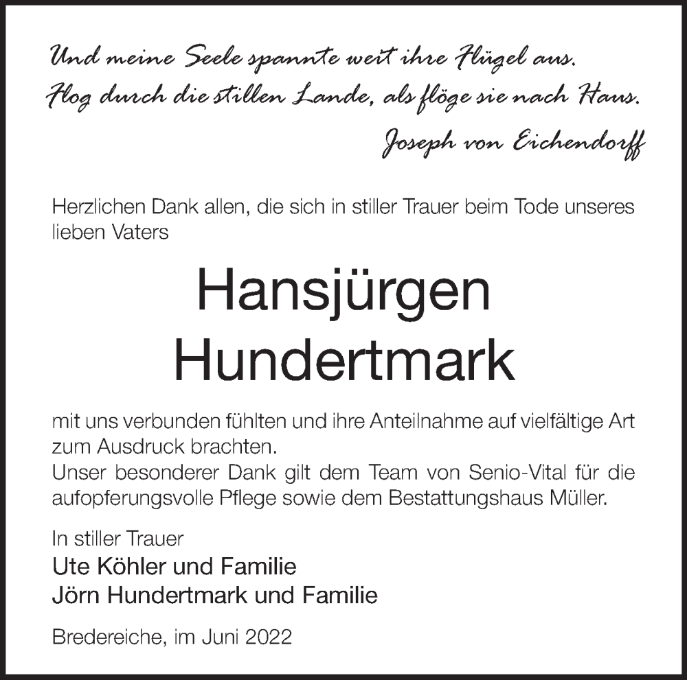  Traueranzeige für Hansjürgen Hundertmark vom 24.06.2022 aus Märkische Oderzeitung