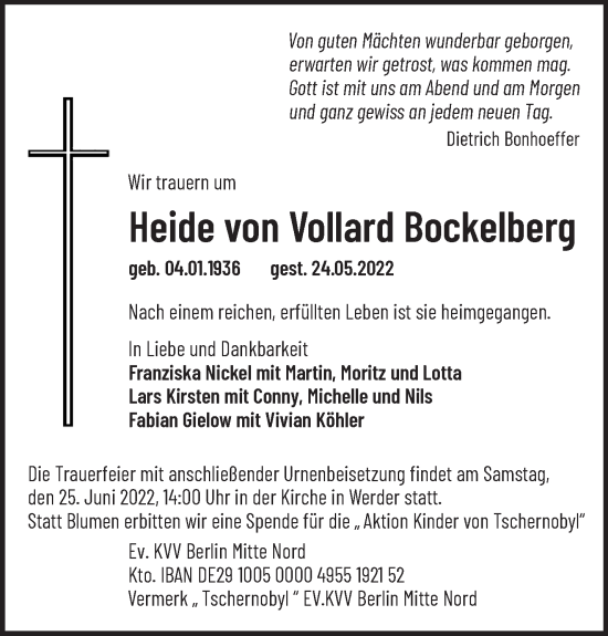 Traueranzeige von Heide von Vollard Bockelberg von Märkische Oderzeitung