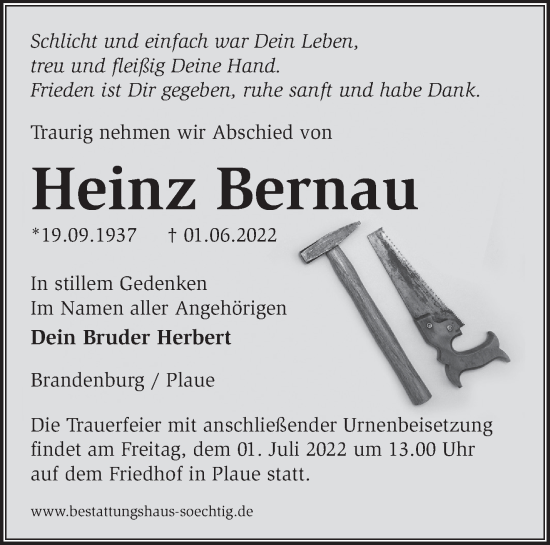 Traueranzeige von Heinz Bernau von Märkische Oderzeitung