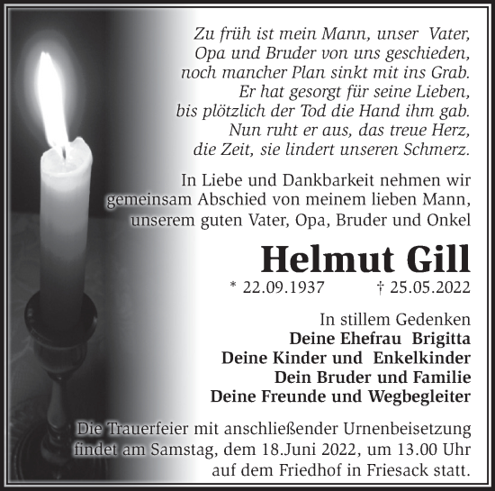 Traueranzeige von Helmut Gill von Märkische Oderzeitung