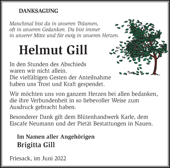 Traueranzeige von Helmut Gill von Märkische Oderzeitung