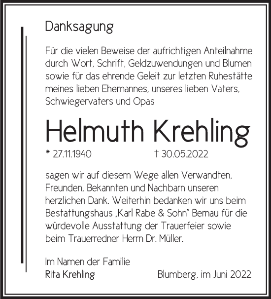 Traueranzeige von Helmuth Krehling von Märkische Oderzeitung