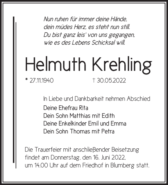 Traueranzeige von Helmuth Krehling von Märkische Oderzeitung