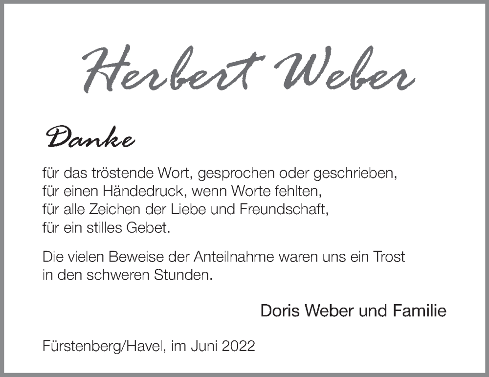  Traueranzeige für Herbert Weber vom 04.06.2022 aus Märkische Oderzeitung