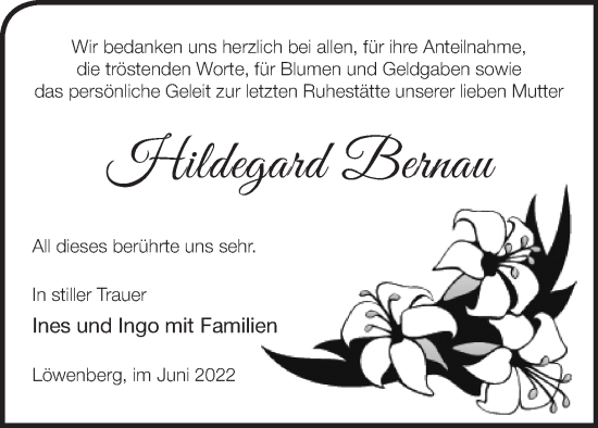 Traueranzeige von Hildegard Bernau von Märkische Oderzeitung